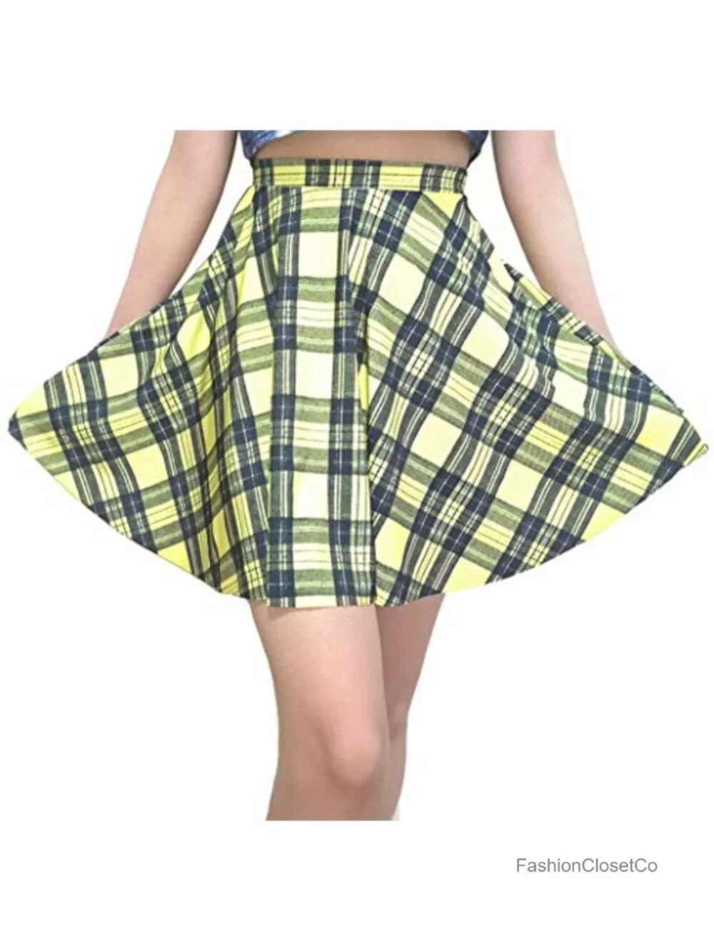 Women's Pleated Flared Midi Skirt High Rise Plaid Pull On Lightweight